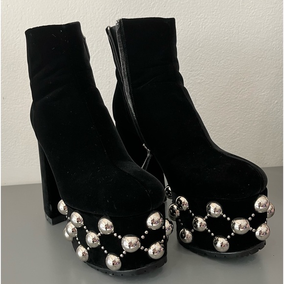 Miu Miu Shoes - Miu Miu Dome Studded Embellished Platform Velvet Ankle Boots Booties 37 & 1/2